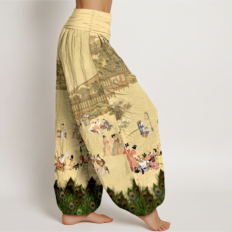 Buddha Stones Pure Cotton Softly Colored People Buildings Peacock Feathers Trees Flowers Rocks Pattern Women's Elastic Waist Harem Pants - image 2