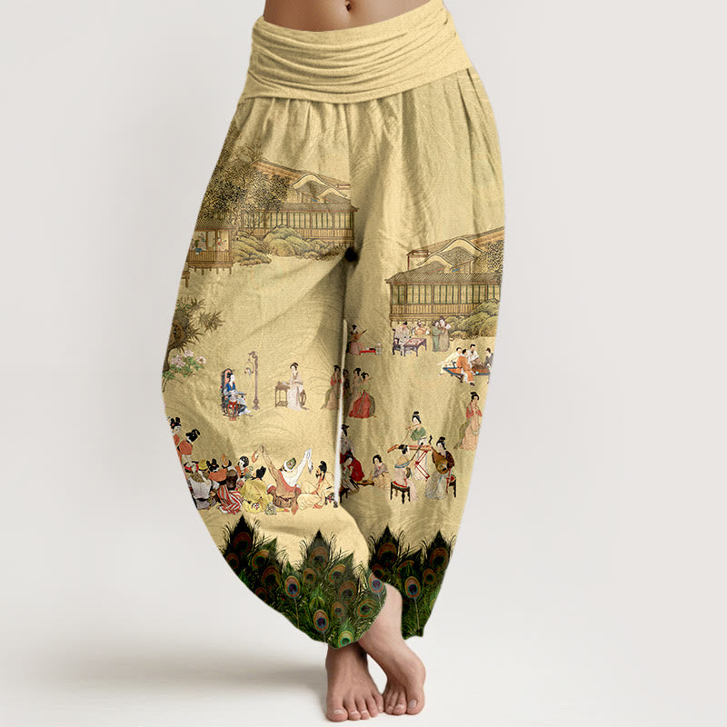Buddha Stones Pure Cotton Softly Colored People Buildings Peacock Feathers Trees Flowers Rocks Pattern Women's Elastic Waist Harem Pants - Khaki - US16，UK/AU20，EU48 (3XL) - image 0