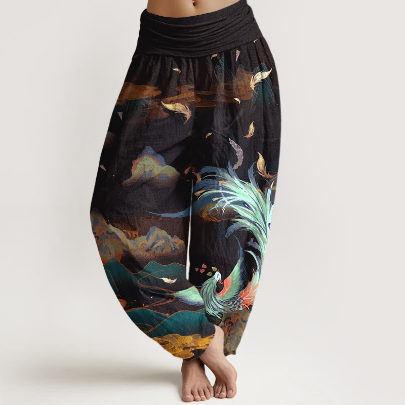 Buddha Stones Pure Cotton Gorgeous Phoenix Mountain Cloud Pattern Women's Elastic Waist Harem Pants - Black - US16，UK/AU20，EU48 (3XL) - image 5