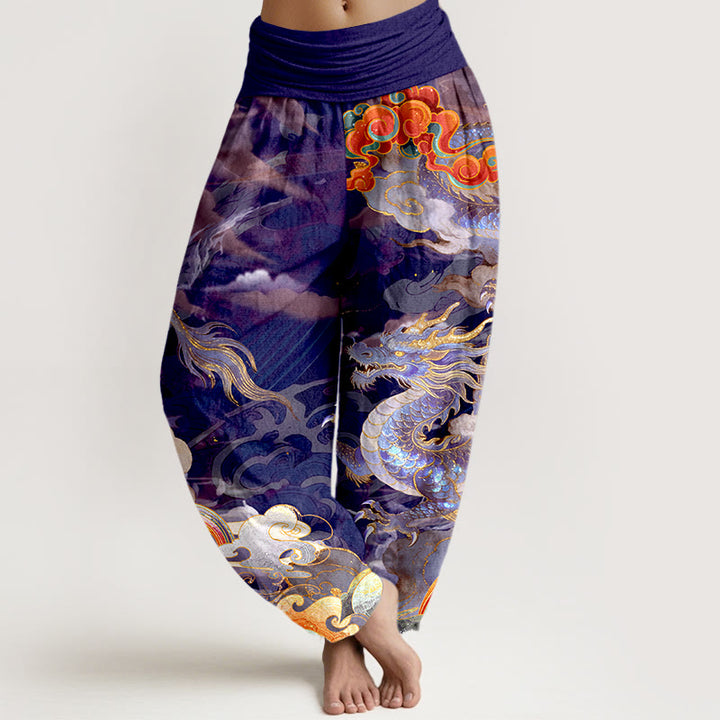 Buddha Stones Pure Cotton Gorgeous Dragon Cloud Rainbow Pattern Women's Elastic Waist Harem Pants - Indigo - US16，UK/AU20，EU48 (3XL) - image 5