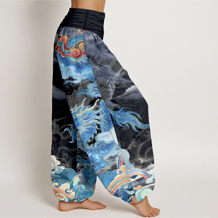 Buddha Stones Pure Cotton Gorgeous Dragon Cloud Rainbow Pattern Women's Elastic Waist Harem Pants - image 10