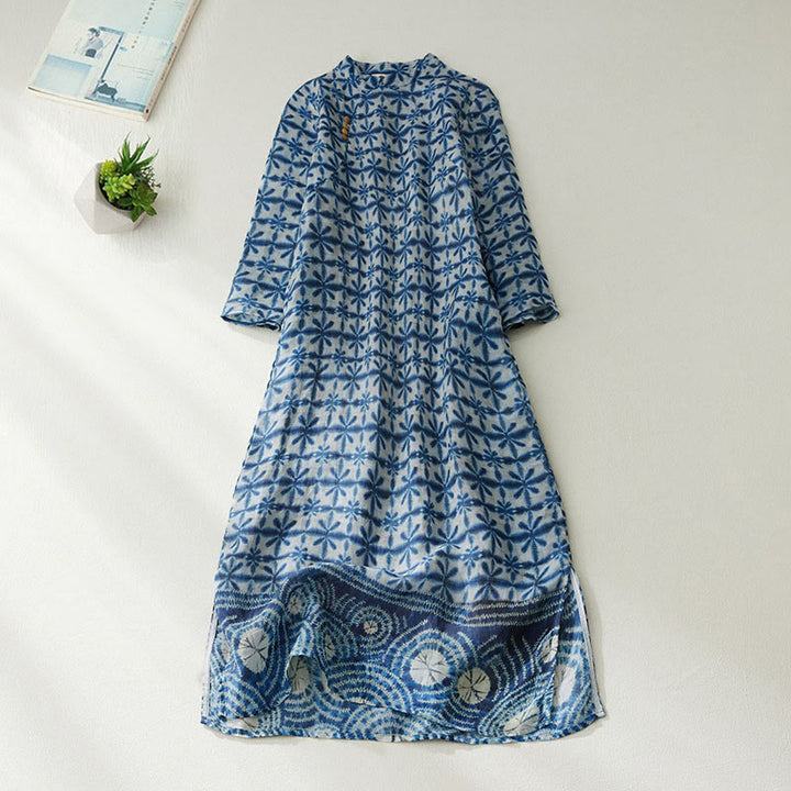 Buddha Stones Summer Blue Floral Stripes Circular Shape Stand Collar Design Short Sleeve Straight Midi Dress With Pockets - CornflowerBlue - US12，UK/AU16，EU44 (3XL) - image 0