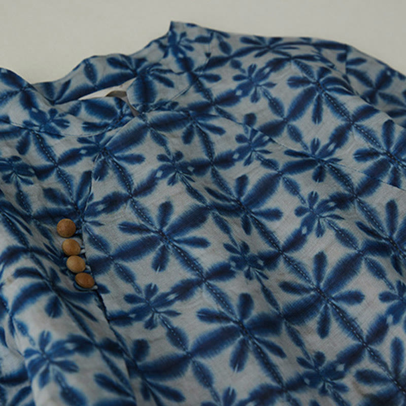 Buddha Stones Summer Blue Floral Stripes Circular Shape Stand Collar Design Short Sleeve Midi Dress With Pockets - image 2