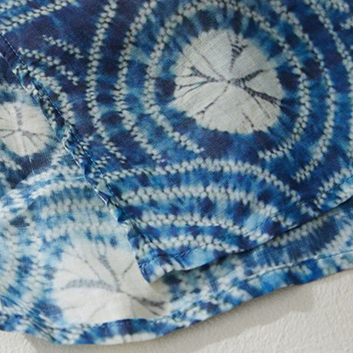 Buddha Stones Summer Blue Floral Stripes Circular Shape Stand Collar Design Short Sleeve Midi Dress With Pockets - image 5