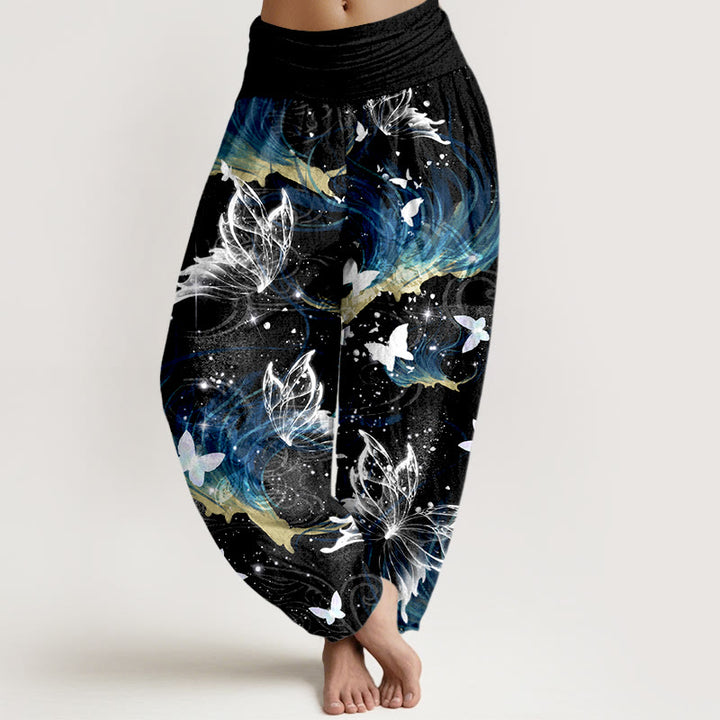 Buddha Stones Pure Cotton Dreamlike Butterfly Line Pattern Women's Elastic Waist Harem Pants - Black - US16，UK/AU20，EU48 (3XL) - image 0