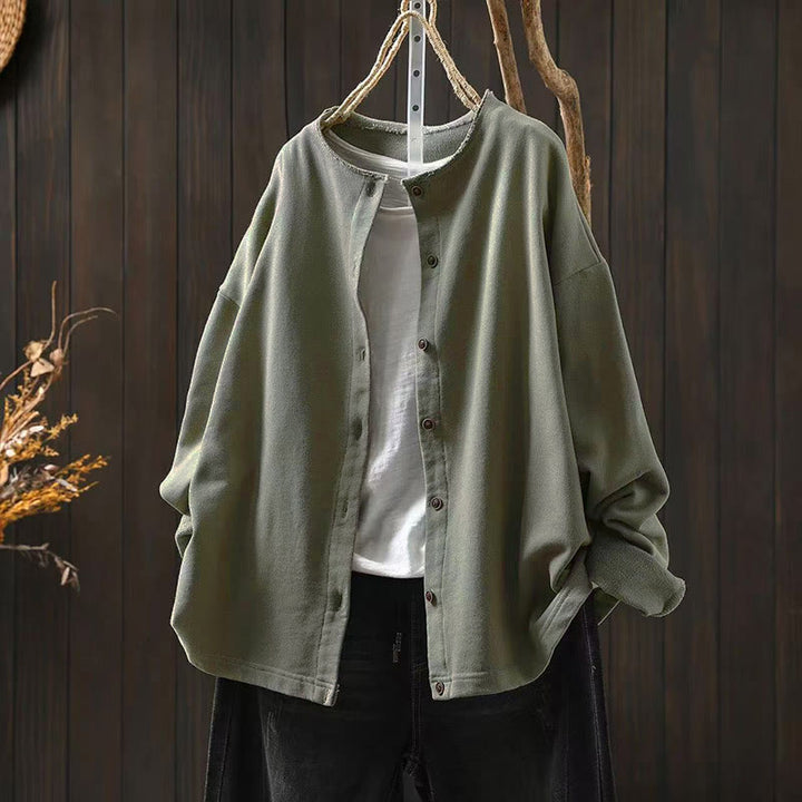 Buddha Stones Fall Solid Button Down Crew Neck Long Sleeve Women's Cotton Shirt - DarkSeaGreen - US4-8/10，UK/AU8-12/14，EU36-40/42 (F) - image 22
