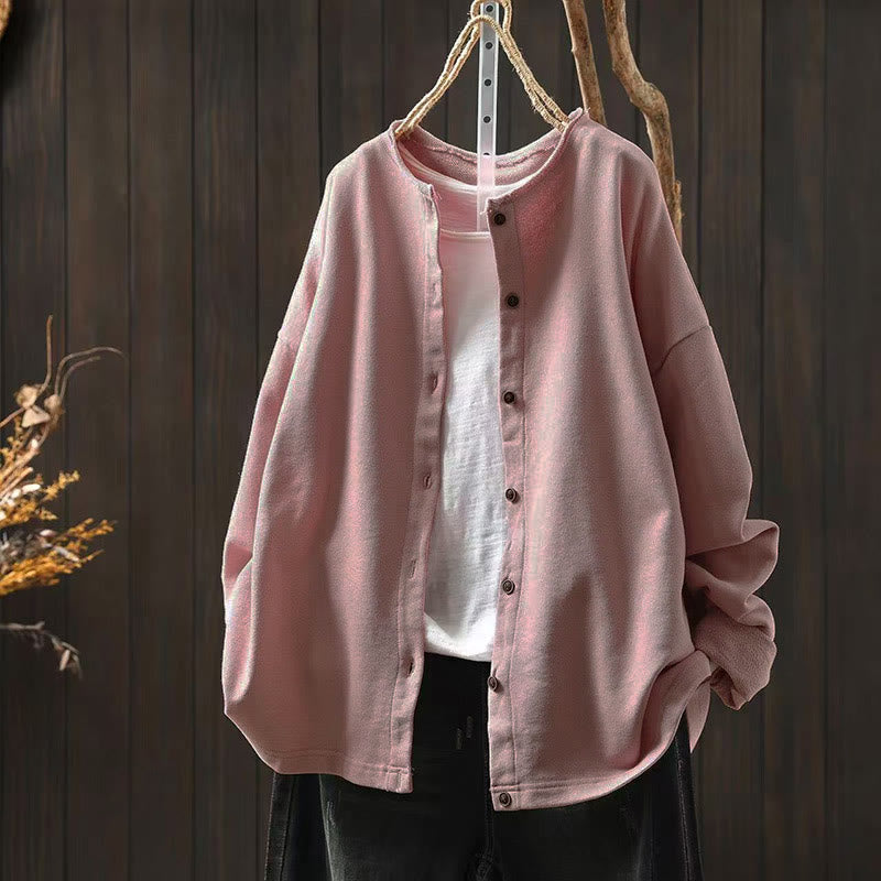 Buddha Stones Fall Solid Button Down Crew Neck Long Sleeve Women's Cotton Shirt - Pink - US4-8/10，UK/AU8-12/14，EU36-40/42 (F) - image 9