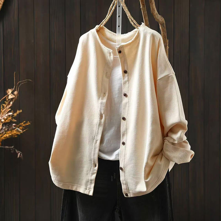 Buddha Stones Fall Solid Button Down Crew Neck Long Sleeve Women's Cotton Shirt - Beige - US4-8/10，UK/AU8-12/14，EU36-40/42 (F) - image 15