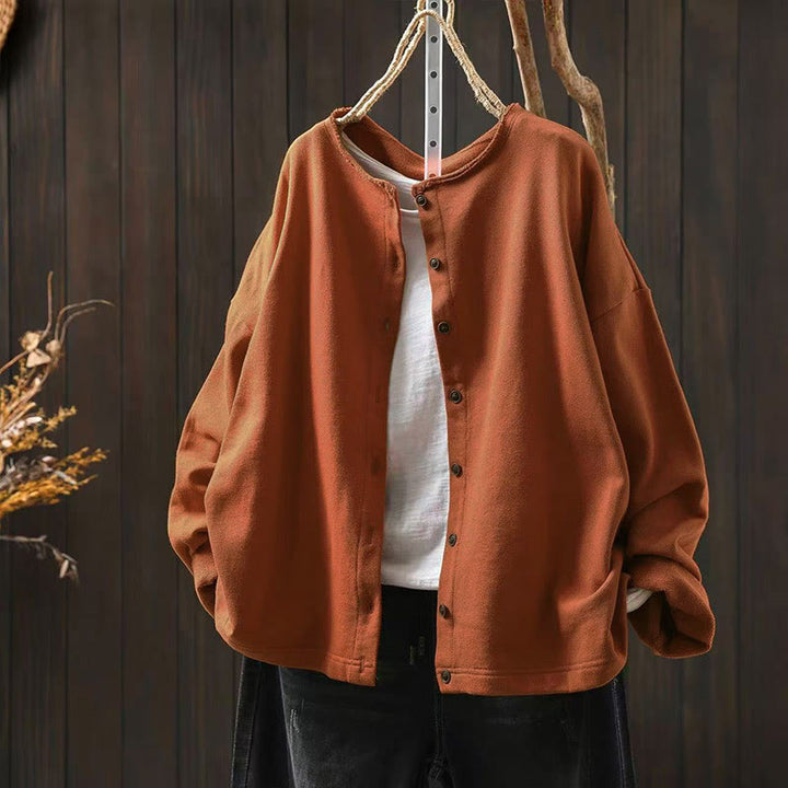 Buddha Stones Fall Solid Button Down Crew Neck Long Sleeve Women's Cotton Shirt - Orange - US4-8/10，UK/AU8-12/14，EU36-40/42 (F) - image 13