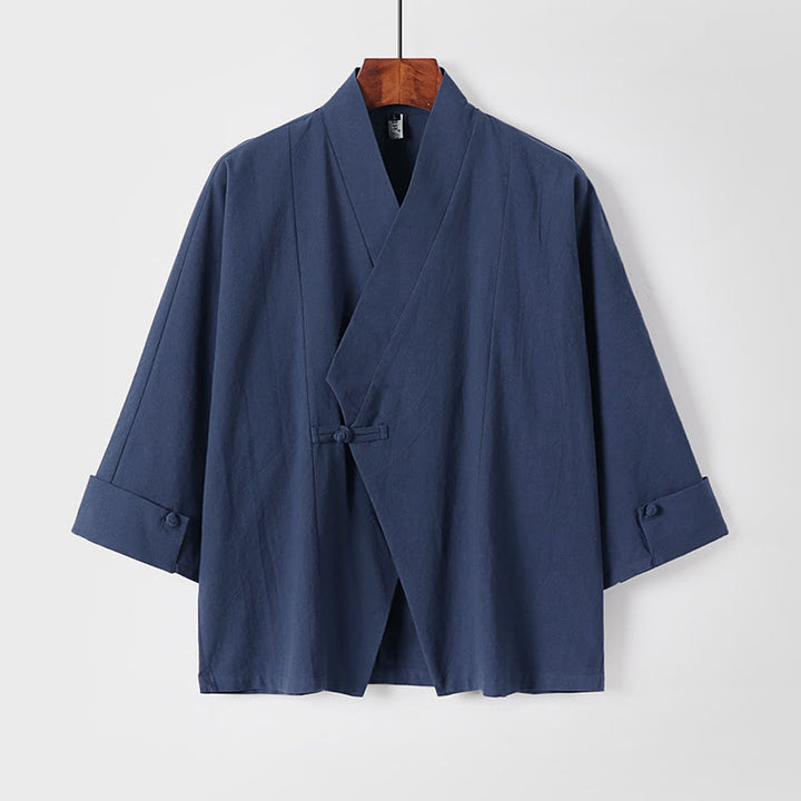 Buddha Stones Plain One Chinese Frog-Button Jacket Cotton Linen Men's Half Sleeve Kimono - SteelBlue - US/UK/AU54，EU64 (9XL) - image 0