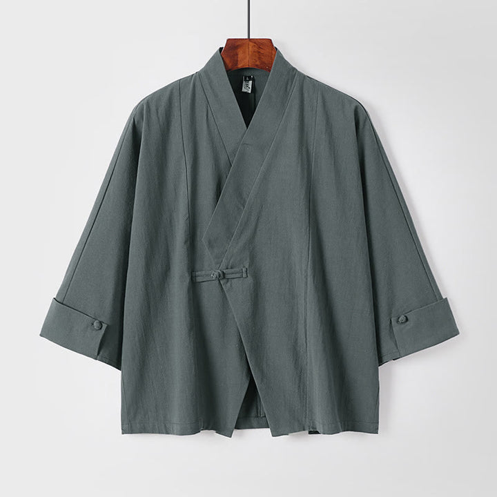 Buddha Stones Plain One Chinese Frog-Button Jacket Cotton Linen Men's Half Sleeve Kimono - CadetBlue - US/UK/AU54，EU64 (9XL) - image 1