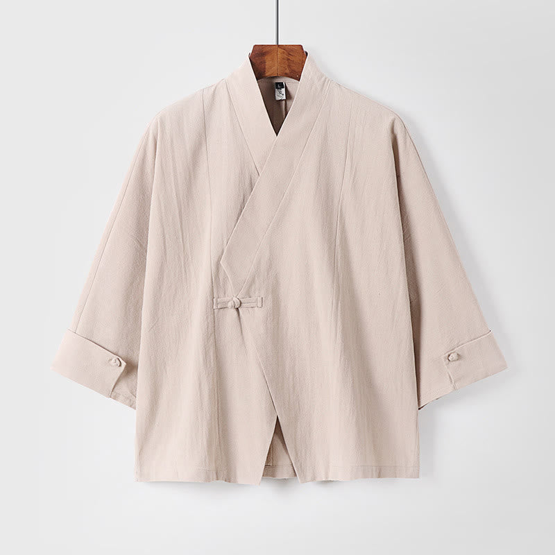Buddha Stones Plain One Chinese Frog-Button Jacket Cotton Linen Men's Half Sleeve Kimono - Beige - US/UK/AU54，EU64 (9XL) - image 11