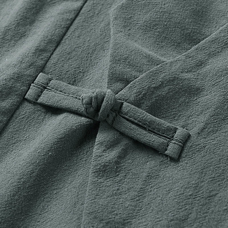 Buddha Stones Plain One Chinese Frog-Button Jacket Cotton Linen Men's Half Sleeve Kimono - image 4