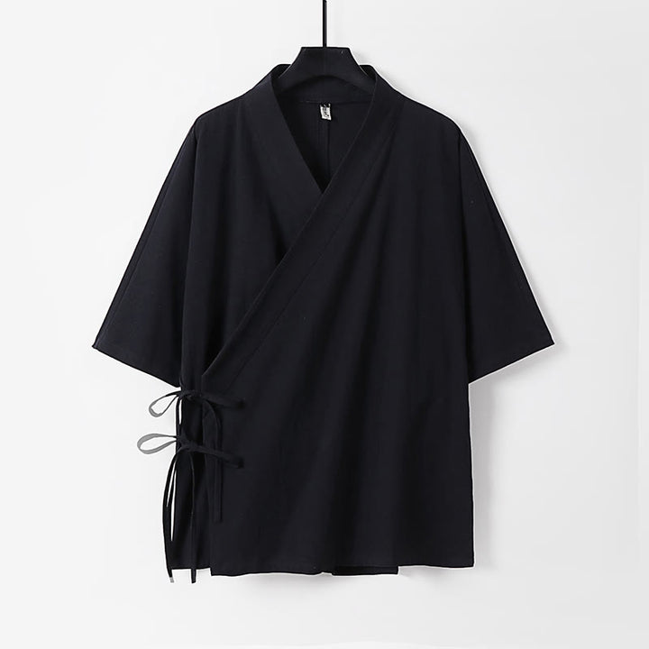 Buddha Stones Plain Lace-up Cotton Linen Men's Three Quarter Sleeve Kimono - Black - US/UK/AU54，EU64 (9XL) - image 9