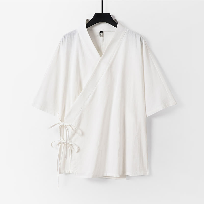 Buddha Stones Plain Lace-up Cotton Linen Men's Three Quarter Sleeve Kimono - White - US/UK/AU54，EU64 (9XL) - image 11