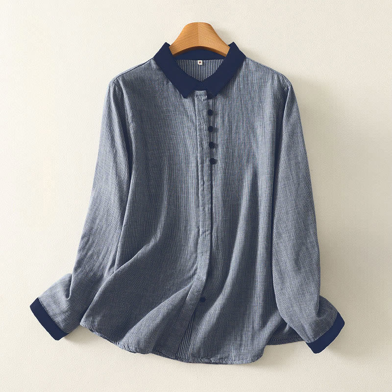 Buddha Stones Fall Blue Striped Color Blocking Stand Collar Buttons Down Design Women's Long Sleeve Shirt - LightSteelBlue - US8-10，UK/AU12-14，EU40-42 (2XL) - image 0