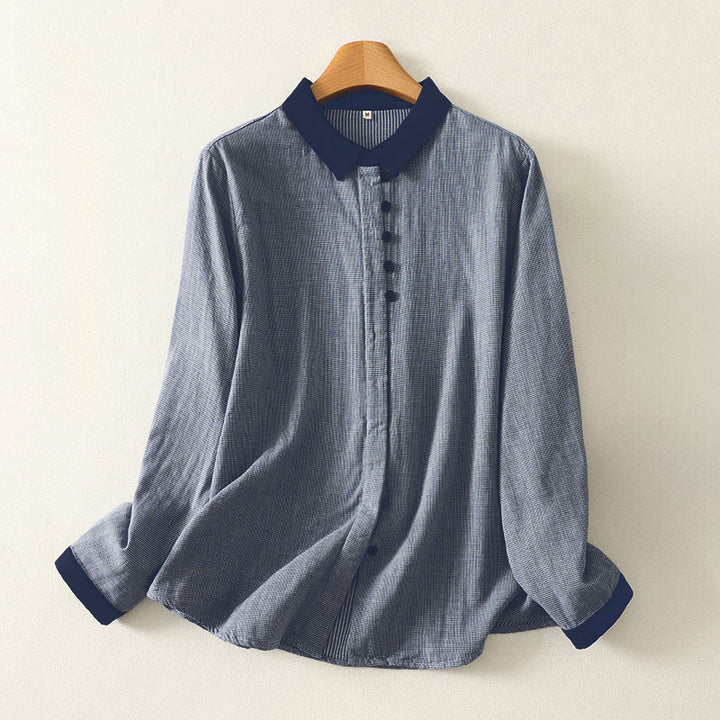 Buddha Stones Fall Blue Striped Color Blocking Stand Collar Buttons Down Design Women's Long Sleeve Shirt - LightSteelBlue - US8-10，UK/AU12-14，EU40-42 (2XL) - image 0