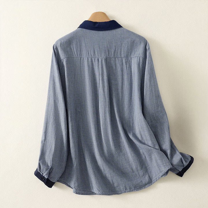 Buddha Stones Fall Blue Striped Color Blocking Stand Collar Buttons Down Design Women's Long Sleeve Shirt - image 1