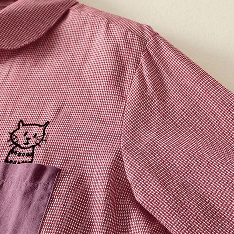 Buddha Stones Fall Cat Kitten Embroidery Plaid Stand Collar Buttons Down Design Women's Long Sleeve Shirt - image 8