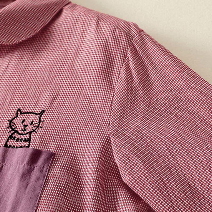Buddha Stones Fall Cat Kitten Embroidery Plaid Stand Collar Buttons Down Design Women's Long Sleeve Shirt - image 8