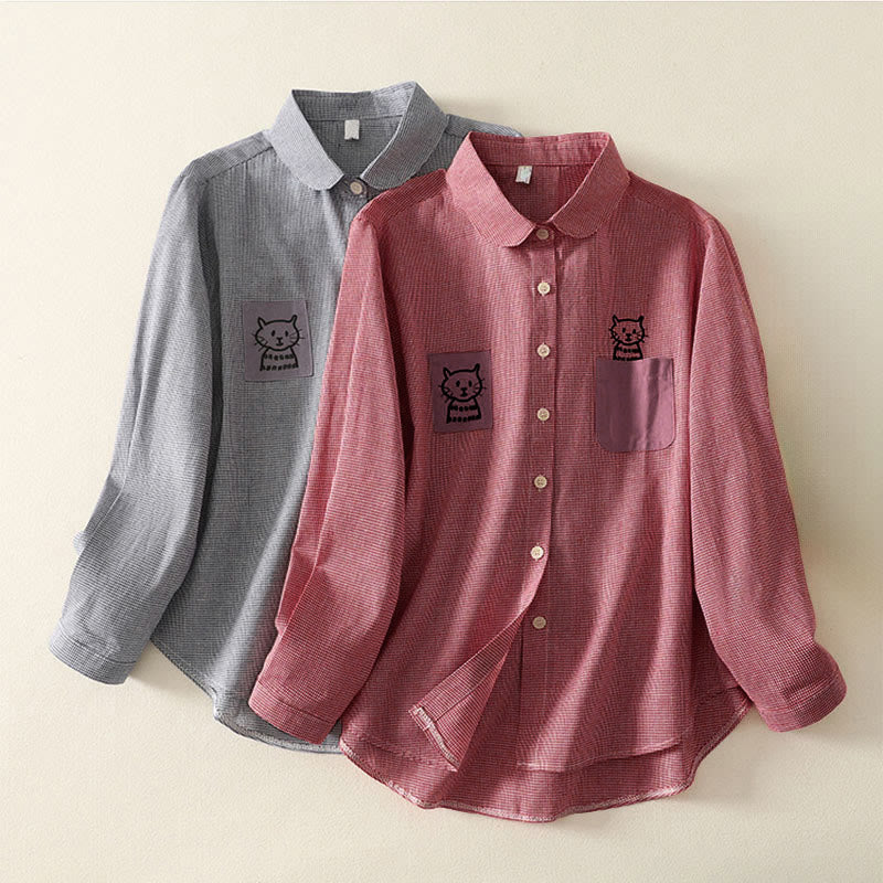 Buddha Stones Fall Cat Kitten Embroidery Plaid Stand Collar Buttons Down Design Women's Long Sleeve Shirt - image 16