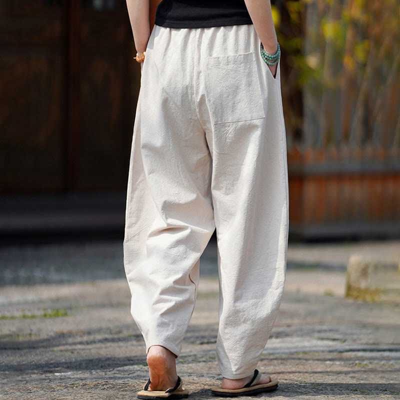 Buddha Stones Summer Plain One Chinese Frog-Button Straight Leg Design Men's Cotton Linen Pants With Pockets - image 4