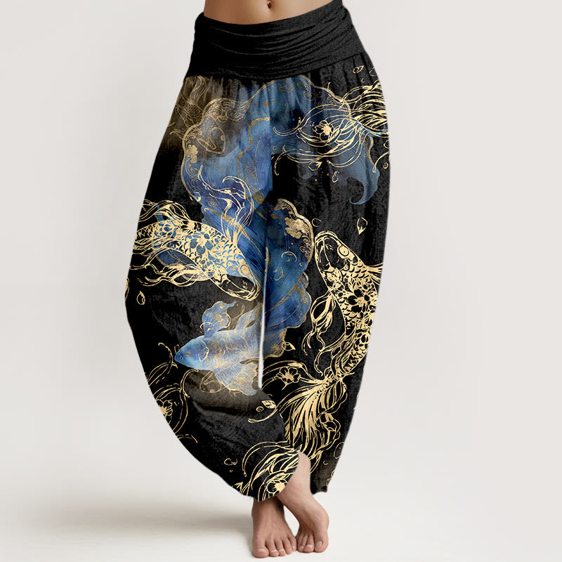 Buddha Stones Pure Cotton Lively Koi Fish Pattern Women's Elastic Waist Harem Pants - Black - US16，UK/AU20，EU48 (3XL) - image 5
