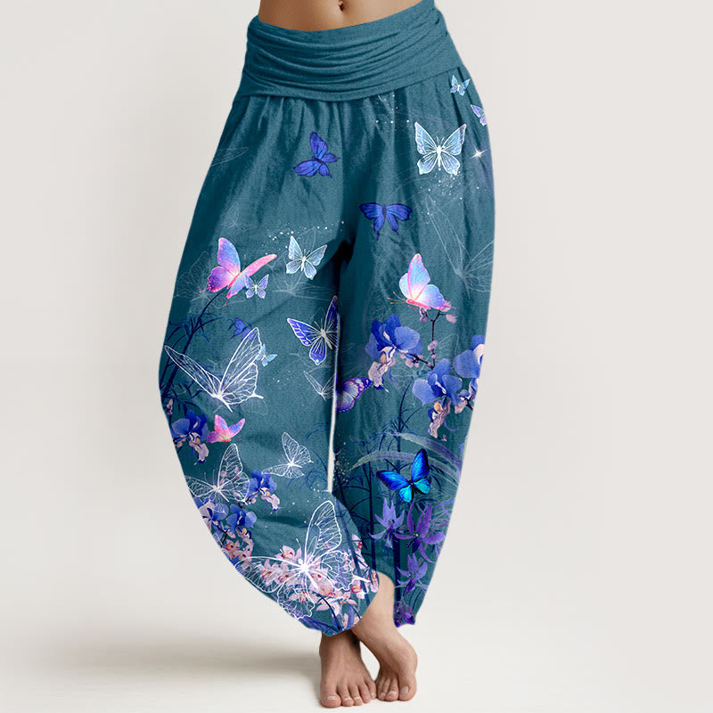 Buddha Stones Pure Cotton Dreamlike Butterfly Flower Grass Bamboo Pattern Women's Elastic Waist Harem Pants - Teal - US16，UK/AU20，EU48 (3XL) - image 5