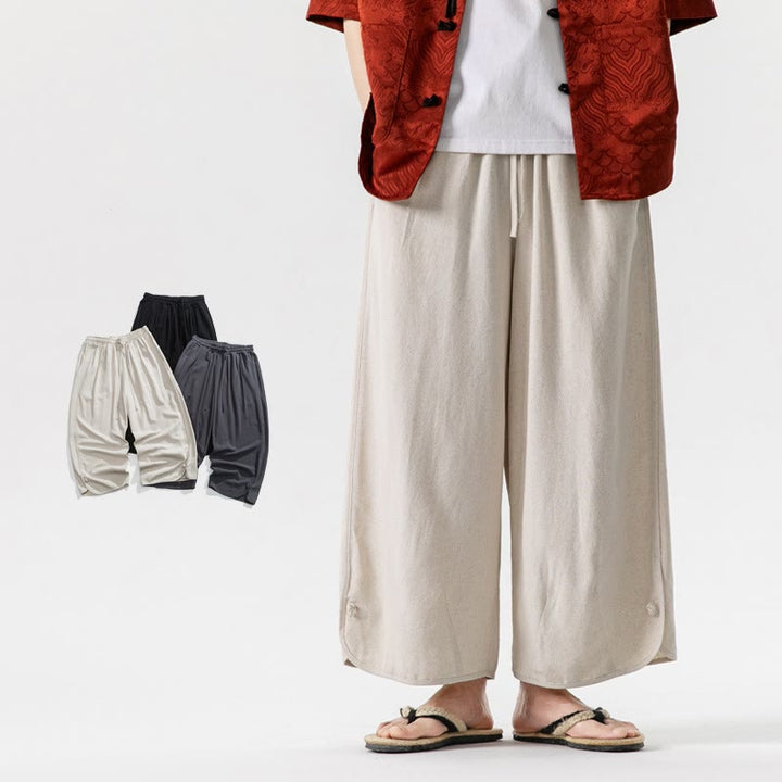 Buddha Stones Summer Plain Drawstring Design Linen Cotton Men's 7-8 Length Pants With Pockets - image 0