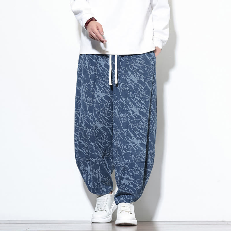 Buddha Stones Fall Textured Lines Print Cotton Elastic Waist Ankle-Length Men's Harem Pants With Pockets - SteelBlue - US/UK/AU46，EU56 (5XL) - image 0