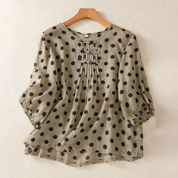 Buddha Stones Fall Round Neck Polka Dots Long Sleeve Women's Polyester Shirt  - Tan - US12，UK/AU16，EU44 (2XL) - image 15