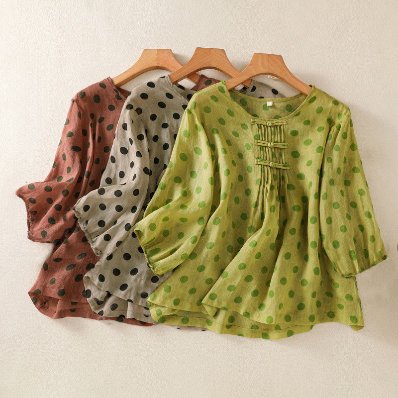 Buddha Stones Fall Round Neck Polka Dots Long Sleeve Women's Polyester Shirt  - image 27