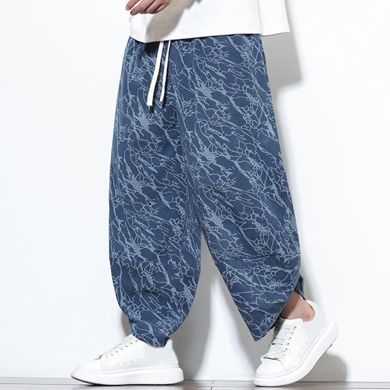 Buddha Stones Fall Textured Lines Print Cotton Elastic Waist Ankle-Length Men's Harem Pants With Pockets - image 1
