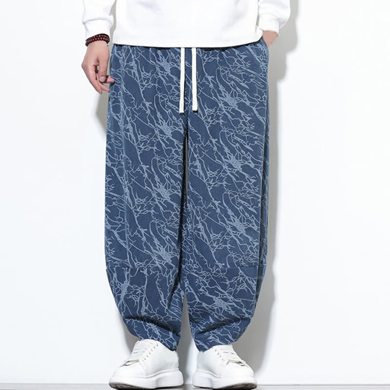 Buddha Stones Fall Textured Lines Print Cotton Elastic Waist Ankle-Length Men's Harem Pants With Pockets - image 5