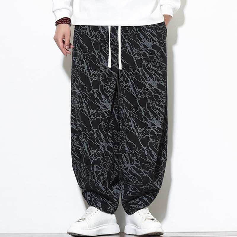Buddha Stones Fall Textured Lines Print Cotton Elastic Waist Ankle-Length Men's Harem Pants With Pockets - image 13