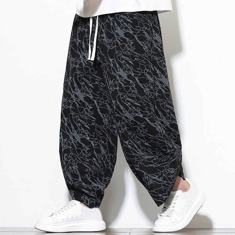 Buddha Stones Fall Textured Lines Print Cotton Elastic Waist Ankle-Length Men's Harem Pants With Pockets - image 9