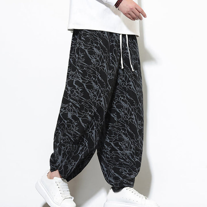 Buddha Stones Fall Textured Lines Print Cotton Elastic Waist Ankle-Length Men's Harem Pants With Pockets - image 10