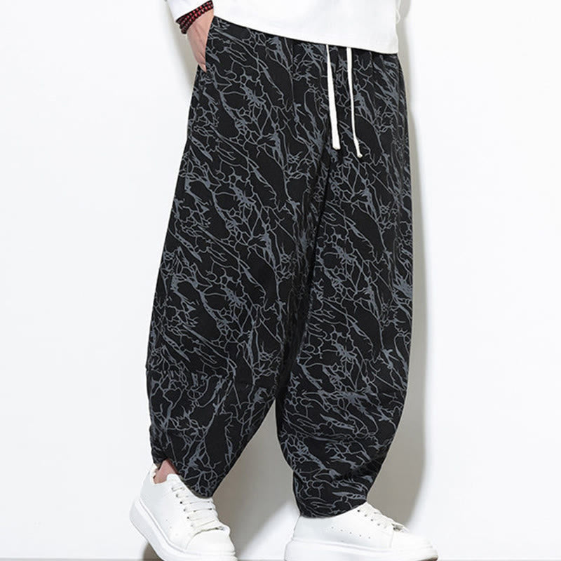Buddha Stones Fall Textured Lines Print Cotton Elastic Waist Ankle-Length Men's Harem Pants With Pockets - image 14