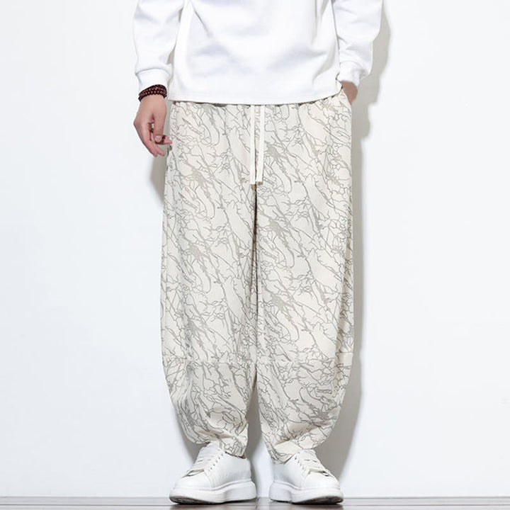 Buddha Stones Fall Textured Lines Print Cotton Elastic Waist Ankle-Length Men's Harem Pants With Pockets - image 25