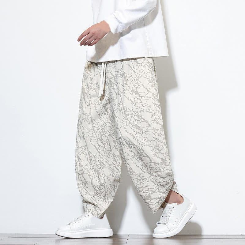 Buddha Stones Fall Textured Lines Print Cotton Elastic Waist Ankle-Length Men's Harem Pants With Pockets - image 29