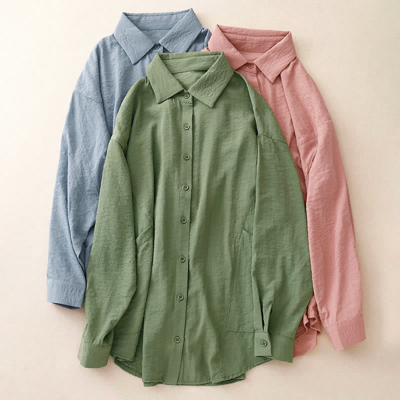 Buddha Stones Spring Fall Stand Collar Plain Long Sleeve Women's Cotton Polyester Shirt  - image 25
