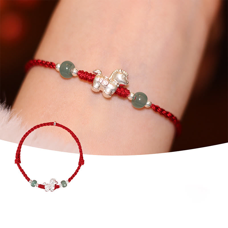Buddha Stones Year of the Horse Cinnabar Jade Red String Blessing Bracelet - Red Rope Silver Horse(Wrist Circumference:14-16 cm) - image 12