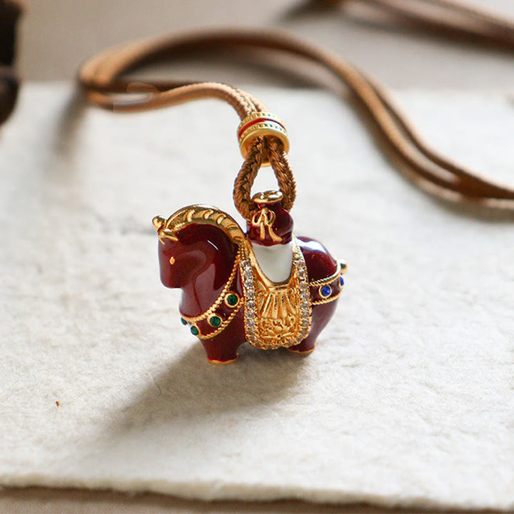 Buddha Stones Year Of The Horse Copper Balance Necklace Pendants - Enamel Saddle Horse - image 0