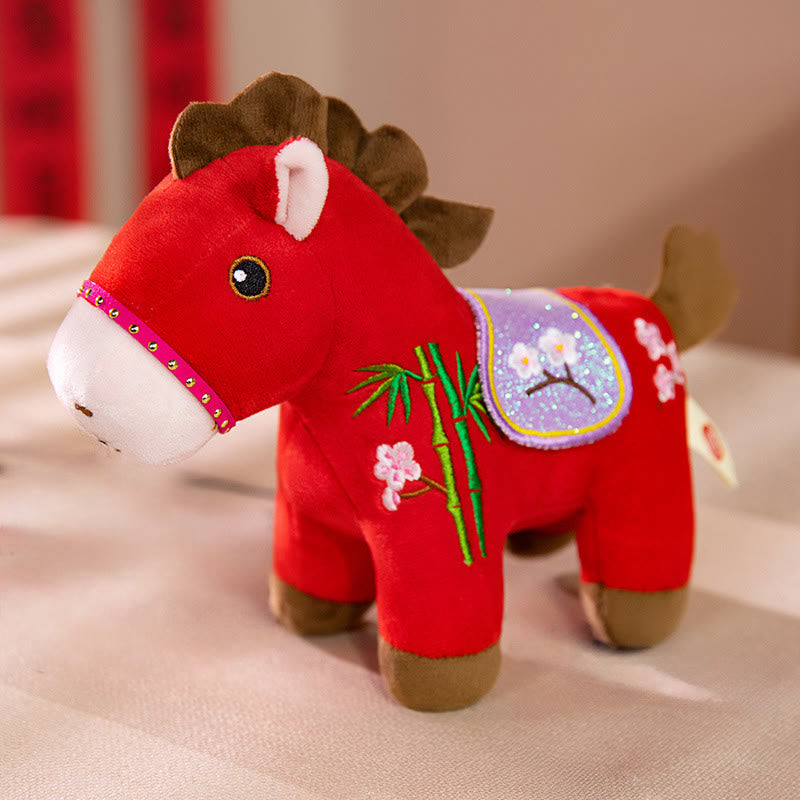 Buddha Stones Year Of The Horse Plum Blossom Bamboo Pattern Plush Doll Wealth Prosperity Decoration - Red - 10*8*20cm - image 1