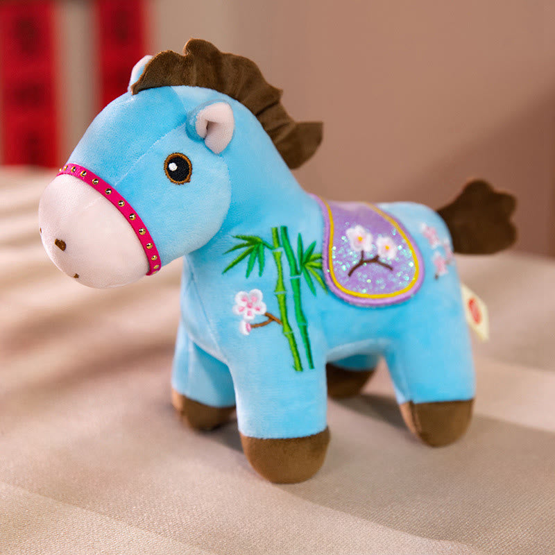 Buddha Stones Year Of The Horse Plum Blossom Bamboo Pattern Plush Doll Wealth Prosperity Decoration - Blue - 10*8*20cm - image 7