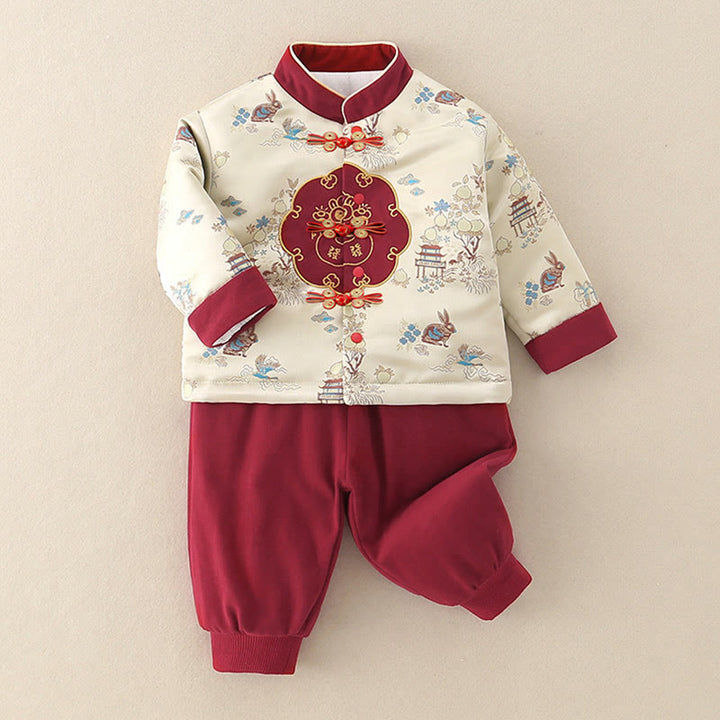 Buddha Stones 2Pcs Winter Rabbit Peach Design Baby Toddler Boy Cotton Long Sleeve Tang Suit Elastic Waist Pants With Pockets Outfit Sets - image 1