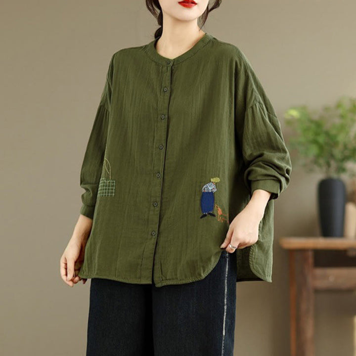 Buddha Stones Fall Embroidery Human Figure Dog Pattern Round Neck Buttons Women's Long Sleeve Shirt - DarkOliveGreen - US14，UK/AU18，EU46 (2XL) - image 19