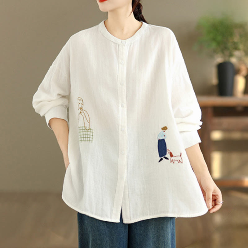 Buddha Stones Fall Embroidery Human Figure Dog Pattern Round Neck Buttons Women's Long Sleeve Shirt - image 8