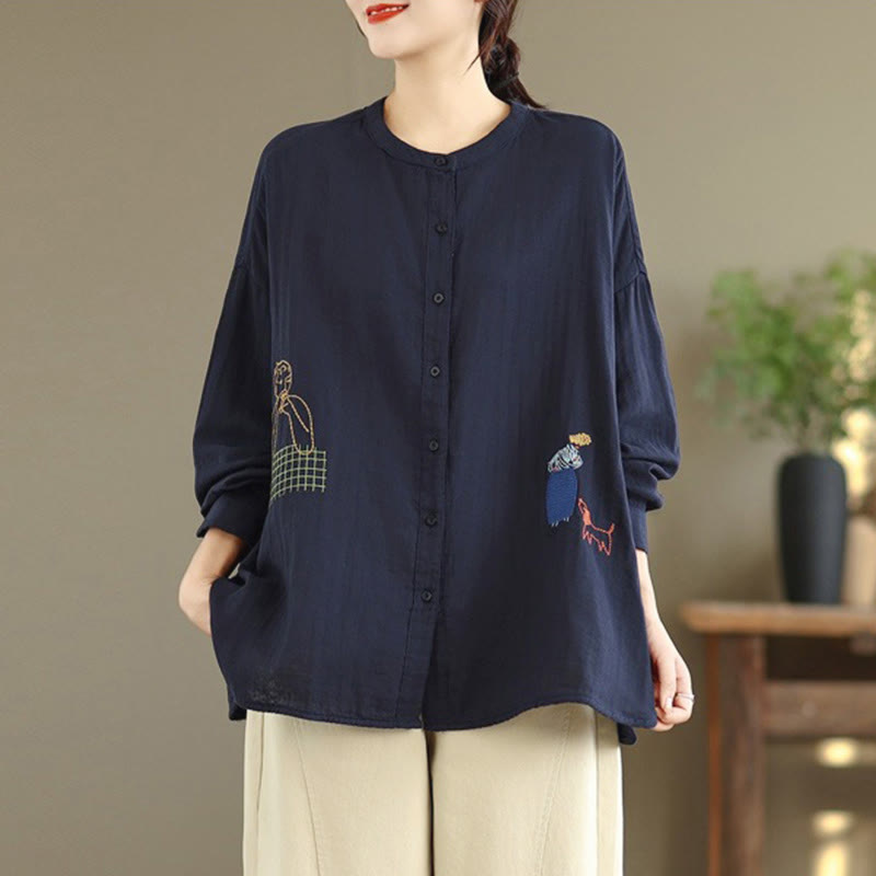 Buddha Stones Fall Embroidery Human Figure Dog Pattern Round Neck Buttons Women's Long Sleeve Shirt - image 3