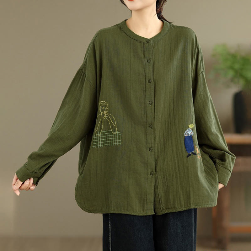 Buddha Stones Fall Embroidery Human Figure Dog Pattern Round Neck Buttons Women's Long Sleeve Shirt - image 24